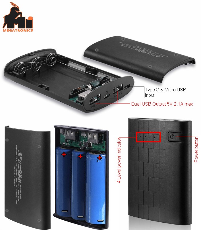 Solderless 3 cell 18650 power bank shell case housing type c 5V 2.4A mobile powe