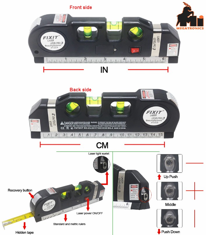 Fixit Laser Level Pro 3 4in1 Multi-Purpose Measuring Tool With 8 Feet Tape
