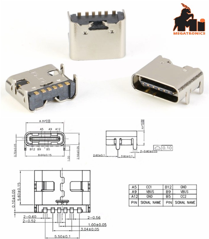 6Pin SMD USB-3.1 Type-C Female Socket charging jack type c Connector For High Current