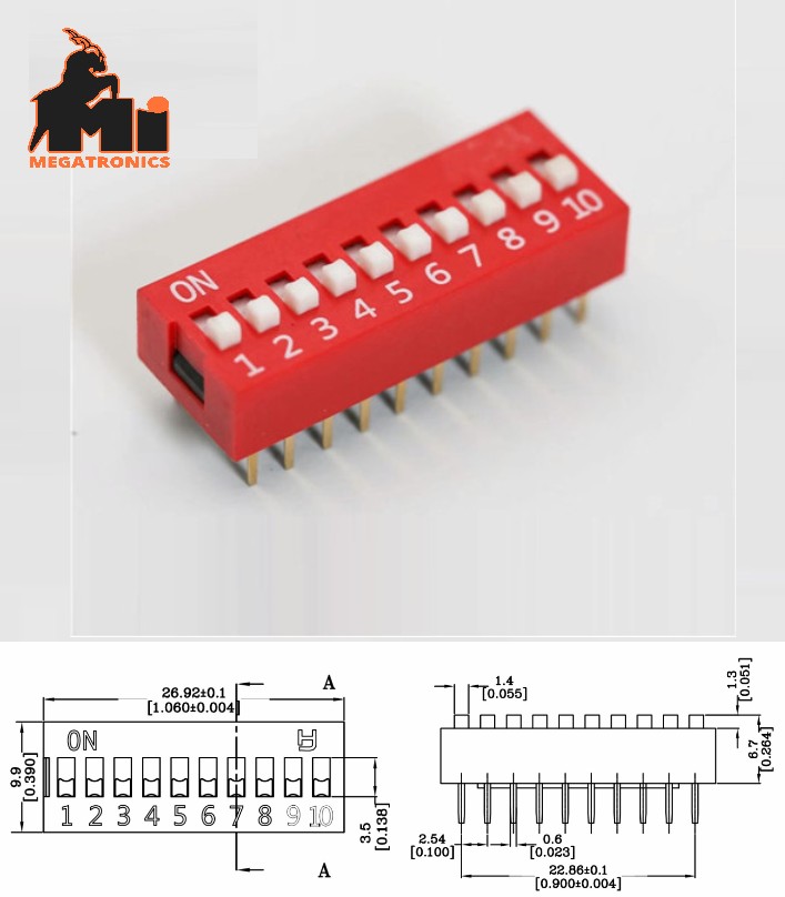 DS-10 flat dial switch 10 bit code switch 2.54mm pin DIP switch