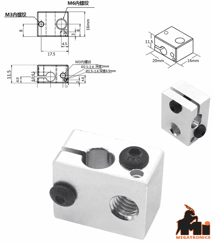 3D printer extruder Aluminum heater block 20x16x12 E3D V6