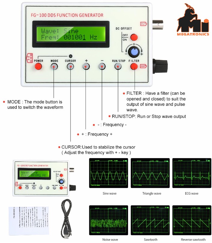 1HZ-500KHZ FG-100 DDS Functional Signal Generator Sine Triangle Square Sawtooth 