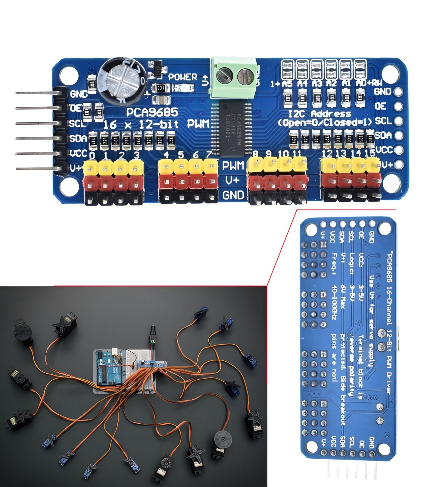16-Channel 12-bit PWM Servo Driver - I2C interface Arduino servo motor driver