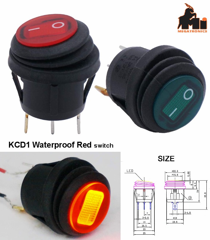 SPST 3 Pins ON OFF Waterproof Round Rocker Toggle Switch Red LED Light KCD1-5-10