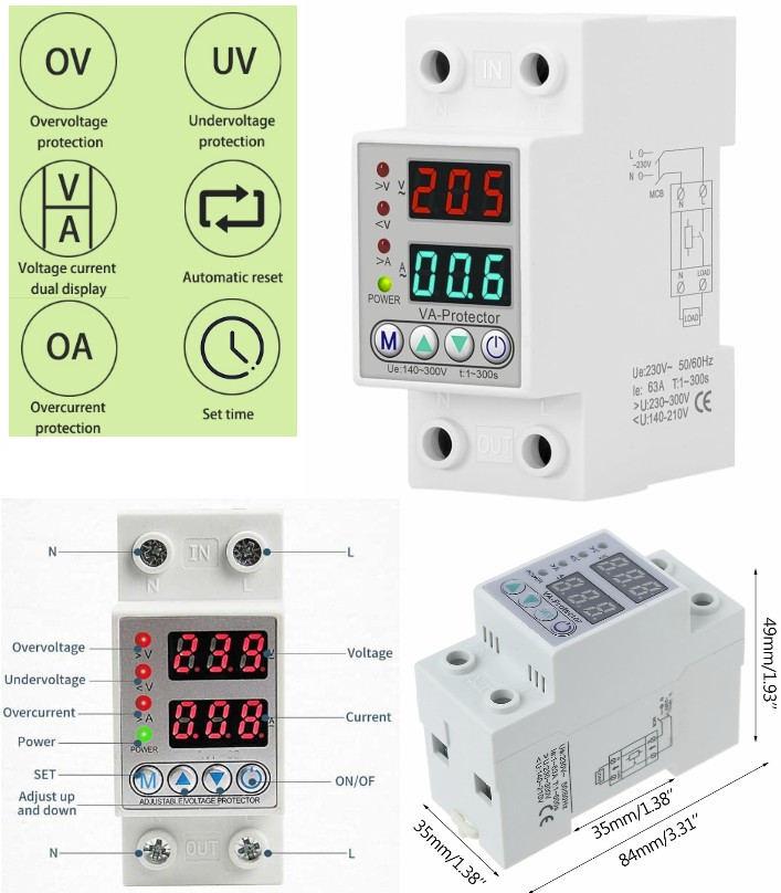 63A 220V digital Self-Restoring overcurrent over-under voltage Protector breaker