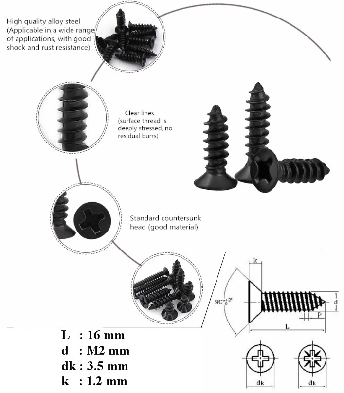 KA2*16 Black Screw Countersunk Head Self-tapping 