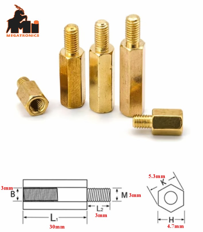 Standoff 30+3mm Brass M3 Hex  Spacer Pillar Male to Female